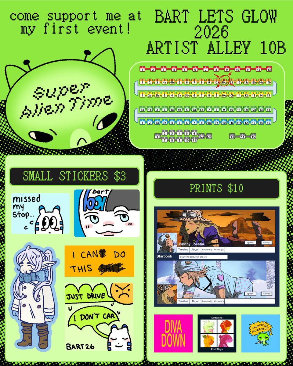 SUPERALIENTIME's tweet photo. Catch me at my first event this weekend with @/hakyatae at booth 10B !!!
👾Table 10b
🛸September 19, 2026
👽Event: Let’s Glow! BART Anime Festival
Fandoms: Frieren, JJBA, Deltarune, Mickey 17
#LG26 #LetsGlowCatalog #LG26Catalog #sfbart #ArtistAlley https://t.co/GyAgHINBNf
