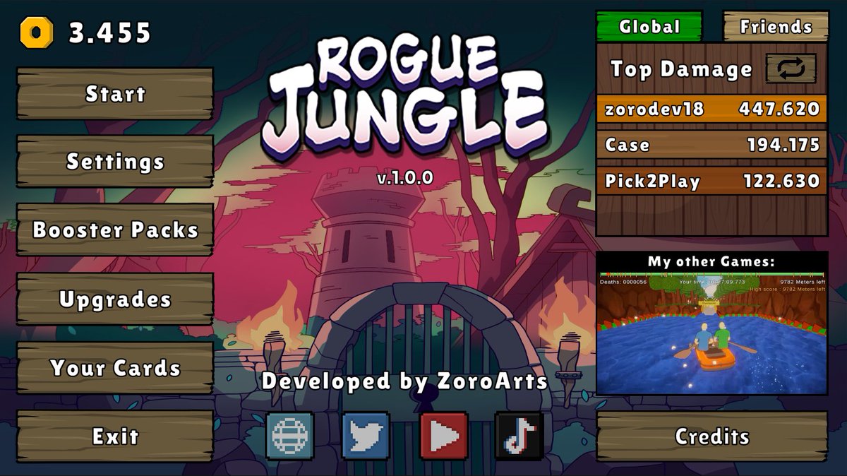 Zoroarts's tweet photo. This is the final Home Menu for Rogue Jungle...

The Version number and Global + Friends Only Leaderboard (Steam, Apple Game Center and Google Play Games supported) are also added now 😊

The Game is fully Controller Supported too! ^^ https://t.co/b7Rk3jNEgi
