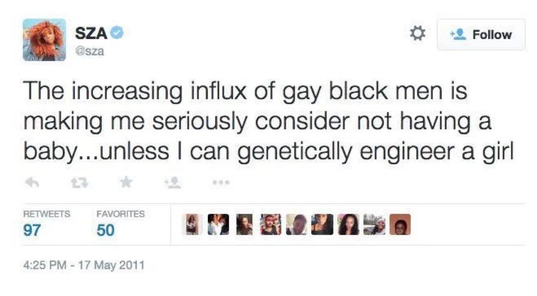 sugrtraps's tweet photo. @JadaWada033 @prncdf @fawna222 @Pills_N_Onika @onikaspen__ sza has also said homophobic stuff 

lol https://t.co/Q4kVKWiFLt