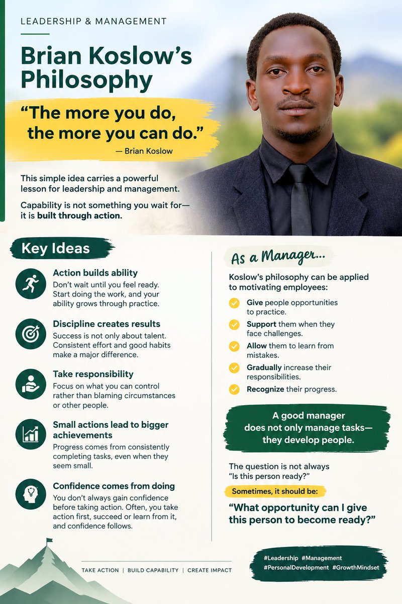 etiennexpert's tweet photo. “The more you do, the more you can do.” —√ Brian Koslow

A simple philosophy, but a powerful lesson for leaders.

Don’t wait until people are “ready” to give them responsibility.

Give them opportunities.
Give them support.
Let them learn.
Let them grow.

Because capability is often built through action.

As managers, your job is not only to get results, it is to develop people who can create results.

💡 A question for leaders:
Do you give your team enough opportunities to become ready?

#Leadership #Management #GrowthMindset #EmployeeDevelopment #ProjectManagement