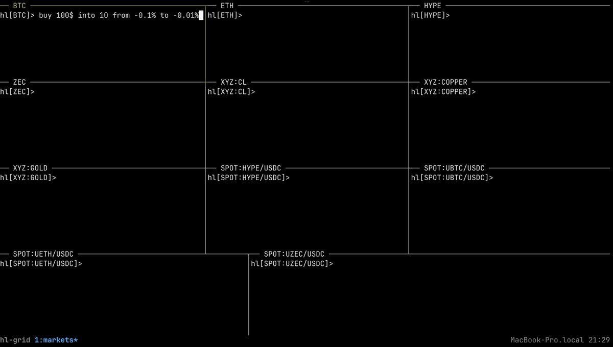 confinedape's tweet photo. Transitioned from Hyperliquid to CME these last few weeks.
During my Hyperliquid days, I spent months building a custom execution CLI.
Handled north of $1b notional since.
Rust monorepo, low latency, Unix-socket IPC/API for systematic strategy deployment, hotkeys, variables, you name it...
Might open source it if enough are interested.