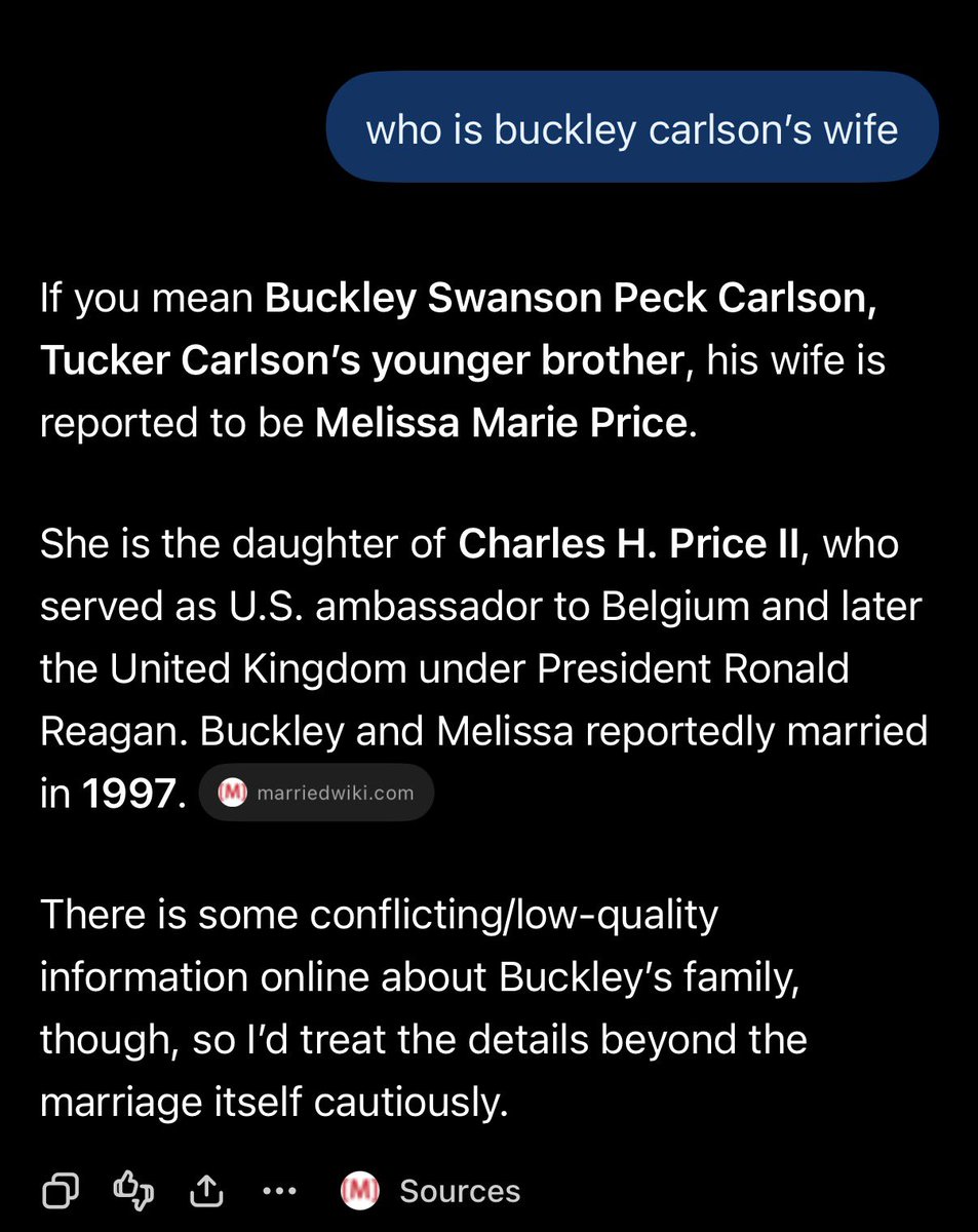 Adderall_King's tweet photo. Does Tucker Carlson know he has a nephew working for Palantir? His brother, Buckley should inform him.

Buckley Carlson married Melissa Price, daughter of Charles H. Price II, who served as the UK ambassador under Reagan.

Their son, Charles Carlson, who worked as a press/communications team member for the Reform Party, has been hired to Palantir UK.