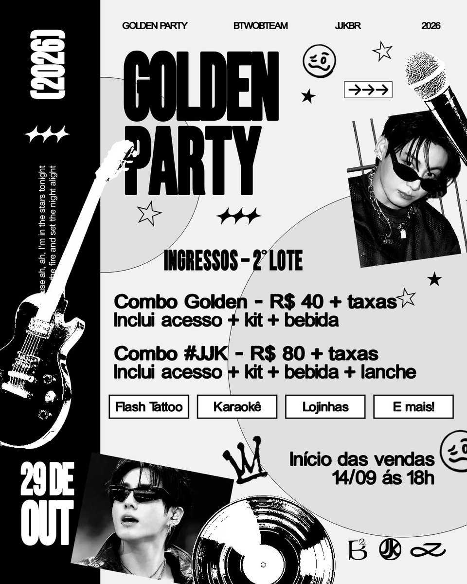 JeonJungkook_BR's tweet photo. 𝐆𝐨𝐥𝐝𝐞𝐧 𝐏𝐚𝐫𝐭𝐲 — VENDAS ABERTAS ✰

A venda de ingressos do 2° lote para a Golden Party está oficialmente aberta 📢

↳ 29 de outubro, das 18:30h às 23h, na ZIV Gallery • Beco do Batman 🌃

🎟️ Garanta seus ingressos pela Uticket através do link — Limite de 2 por pessoa: https://t.co/4aHE4fdc5E 

#GoldenParty | @btwobteam