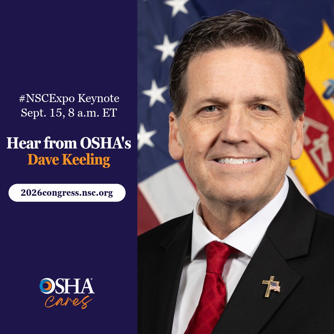 OSHA_DOL's tweet photo. 📣 #NSCExpo keynote session with Assistant Secretary Keeling 

🕘 9/15 | 8-9:30 a.m. ET 
Hear the latest on OSHA’s regulatory efforts, cooperative programs, and agency priorities. 

We look forward to a great discussion! https://t.co/RiD7QEcKhW https://t.co/X8EwwwXk1b