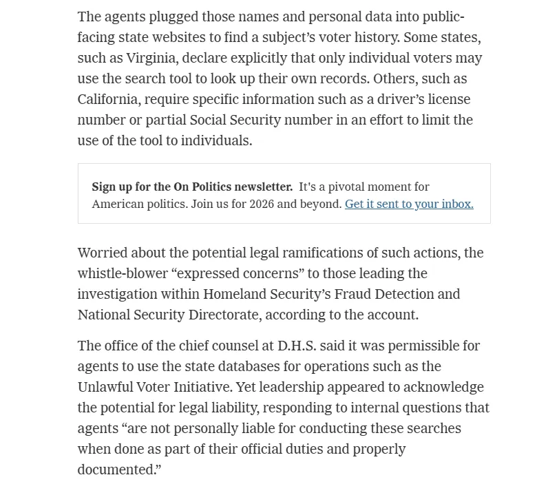 ReichlinMelnick's tweet photo. According to the whistleblower:

- Agents have to investigate 40 voter records a day, leaving just 11.25 minutes per investigation.
- Agents are using state voter registration in a way that may be illegal.
-  Agents are using source data that many think is completely unreliable. https://t.co/dWquFemK0H