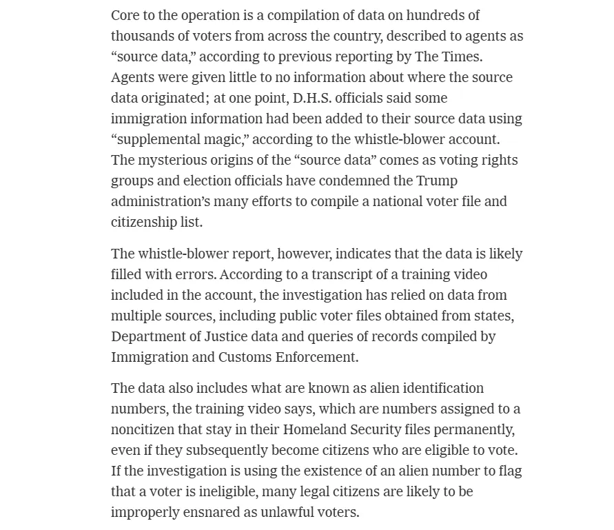 ReichlinMelnick's tweet photo. According to the whistleblower:

- Agents have to investigate 40 voter records a day, leaving just 11.25 minutes per investigation.
- Agents are using state voter registration in a way that may be illegal.
-  Agents are using source data that many think is completely unreliable. https://t.co/dWquFemK0H