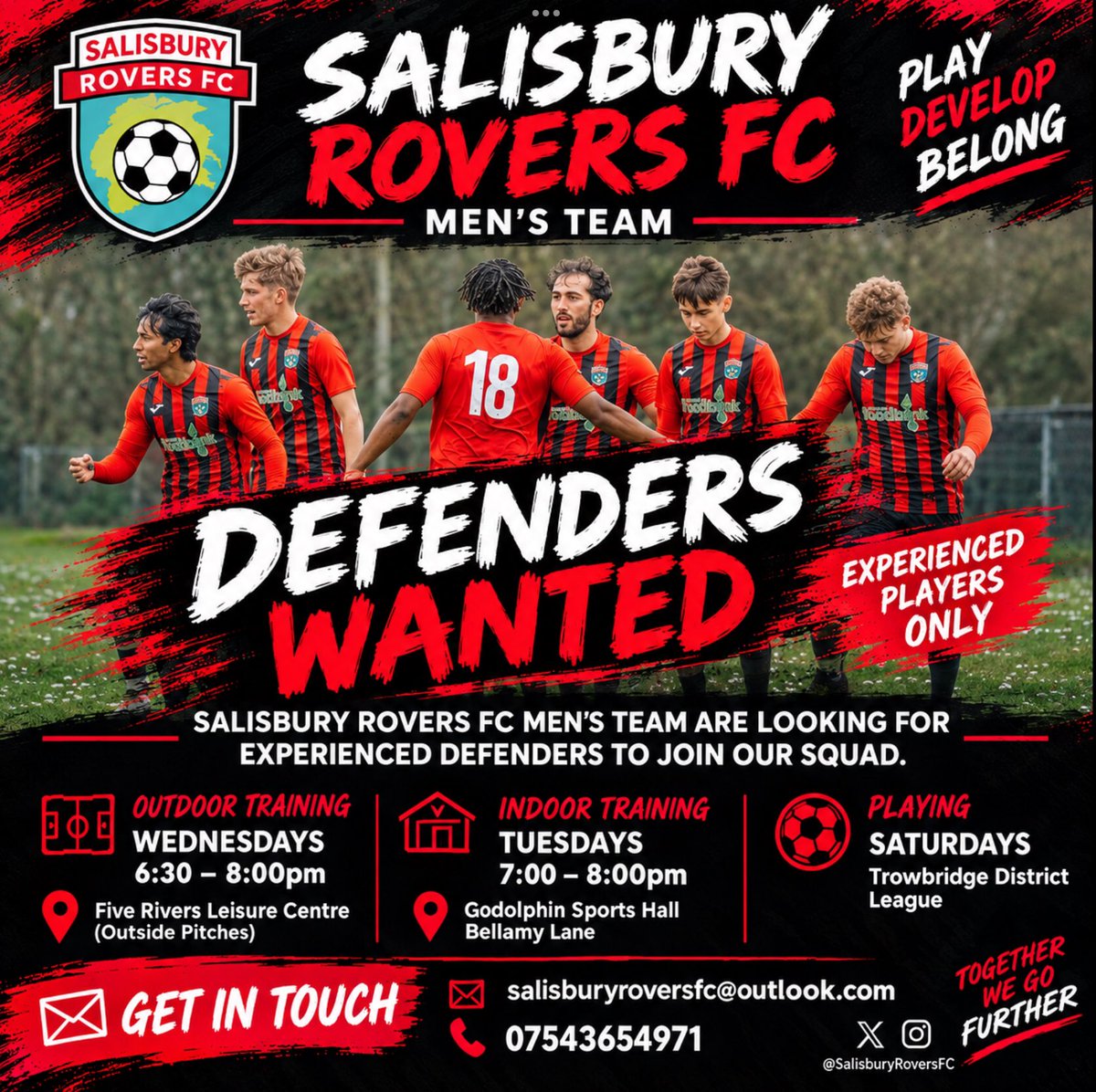 Salisburyrovers's tweet photo. PLAYERS NEEDED‼️

Our lads have had such an unlucky start to the season with injuries. 

Two broken arms, serious ligament damage, hamstring pulls, ankle injury, 2 x knee injuries, the list goes on ☹️.

You just couldn’t make it up. 😢😢

So we are looking for new recruits! https://t.co/ZFRlK3eYCx