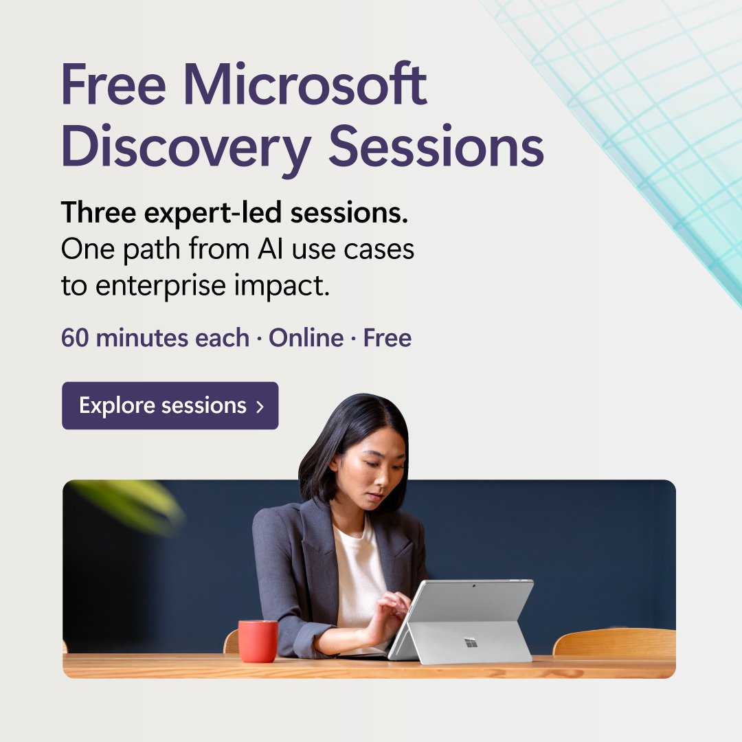 Promotional image for free Microsoft Discovery Sessions featuring a woman with medium-length black hair using a tablet. Text highlights three expert-led sessions focused on AI use cases, lasting 60 minutes each, available online for free.