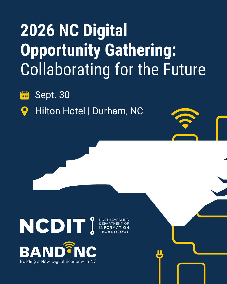 emergingissues's tweet photo. Join @NCBroadband and BAND-NC in the Bull City on 9/30 for the 2026 NC Digital Opportunity Gathering! This FREE event is for leaders from every corner of the state who are passionate about closing the digital divide. Spots are going fast! Register now: https://t.co/EPCWwmjvxj https://t.co/8X2kYFEtf4