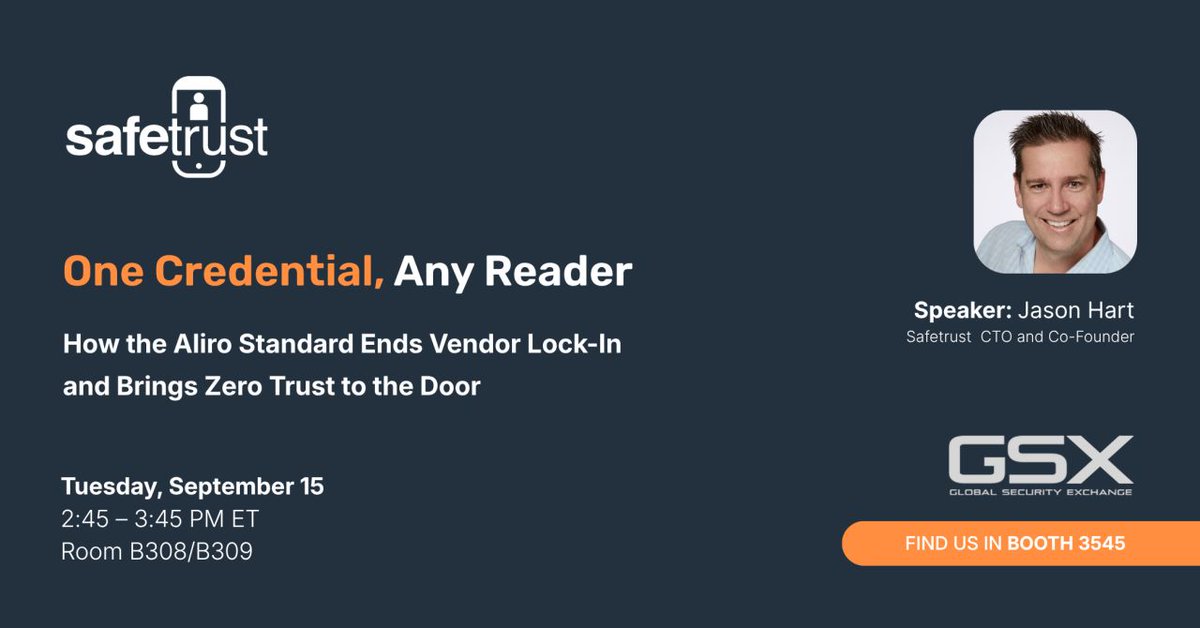csaiot's tweet photo. Tomorrow at #GSX2026! 📣  Join Jason Hart of Alliance Member Safetrust at 2:45 p.m. ET for the session, “One Credential, Any Reader: How the Aliro Standard Ends Vendor Lock-In and Brings Zero Trust to the Door.”

Learn how #Aliro is bringing an open, certificate-based approach to access credentials and reader communication, helping organizations move beyond proprietary systems and shared-secret credentials.

Learn more: https://t.co/RBwCq8FHCS

#csaiot #standardsmatter #iotsolutions #iotsecurity #globaltech #aliro