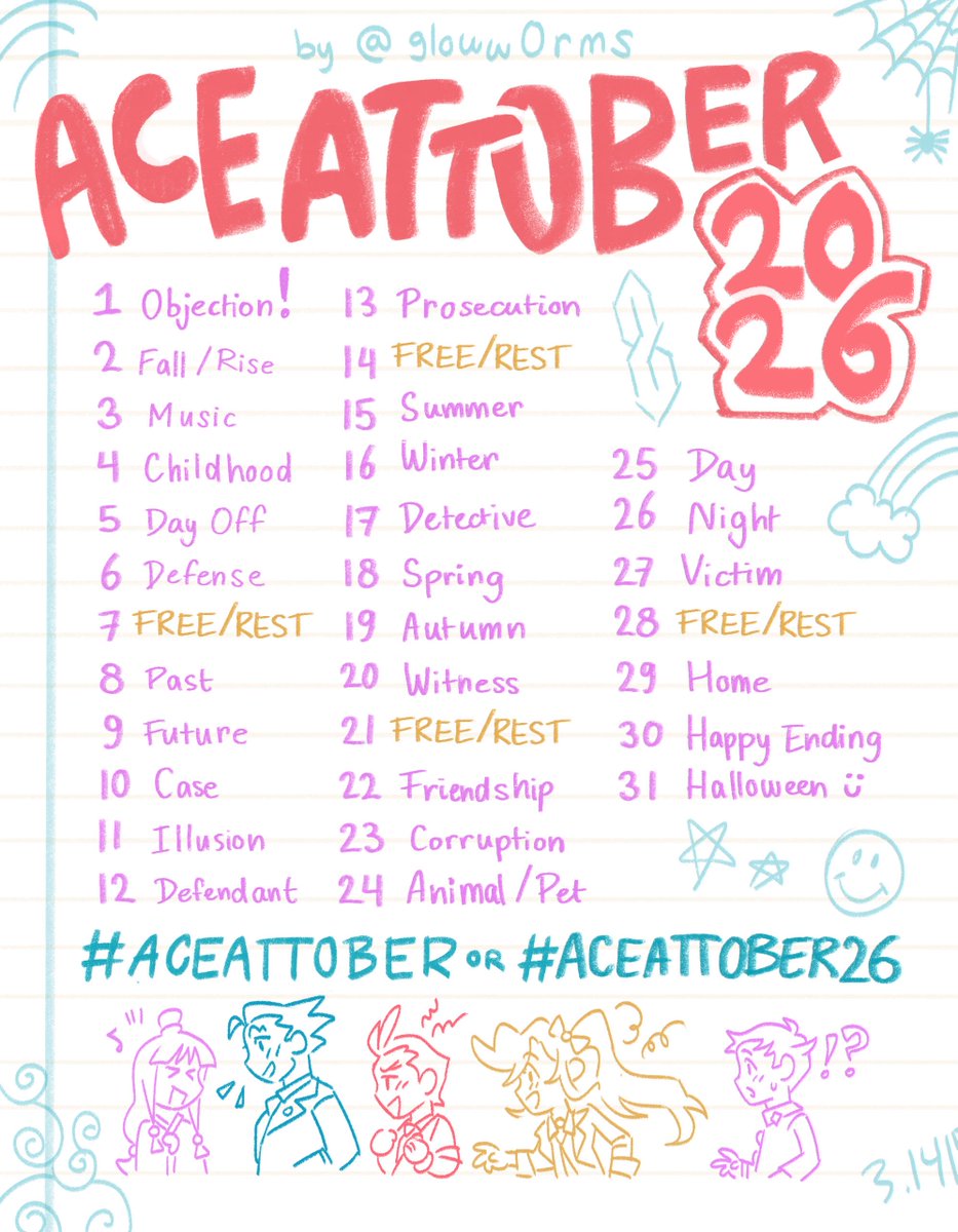 gloww0rms's tweet photo. ACE ATTOBER 26 INCOMING!!!! 

It’s September and you know what that means… aatober prompt list!! As always every week has a prompt-less day to avoid burnout and I am super excited to see everyone’s art once again :)

#ACEATTOBER #ACEATTOBER26 https://t.co/tEArqgaYCf