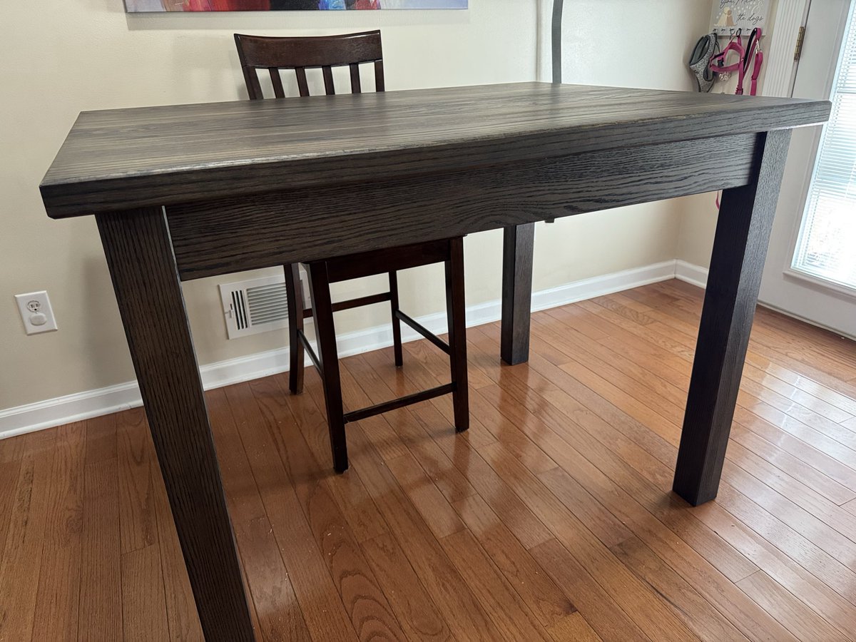 MikeOB2579's tweet photo. The finished dining table. All traditional joinery and made of red-oak and finished with charcoal Rubio Monocoat. #woodworking https://t.co/xRjt0xJTIr