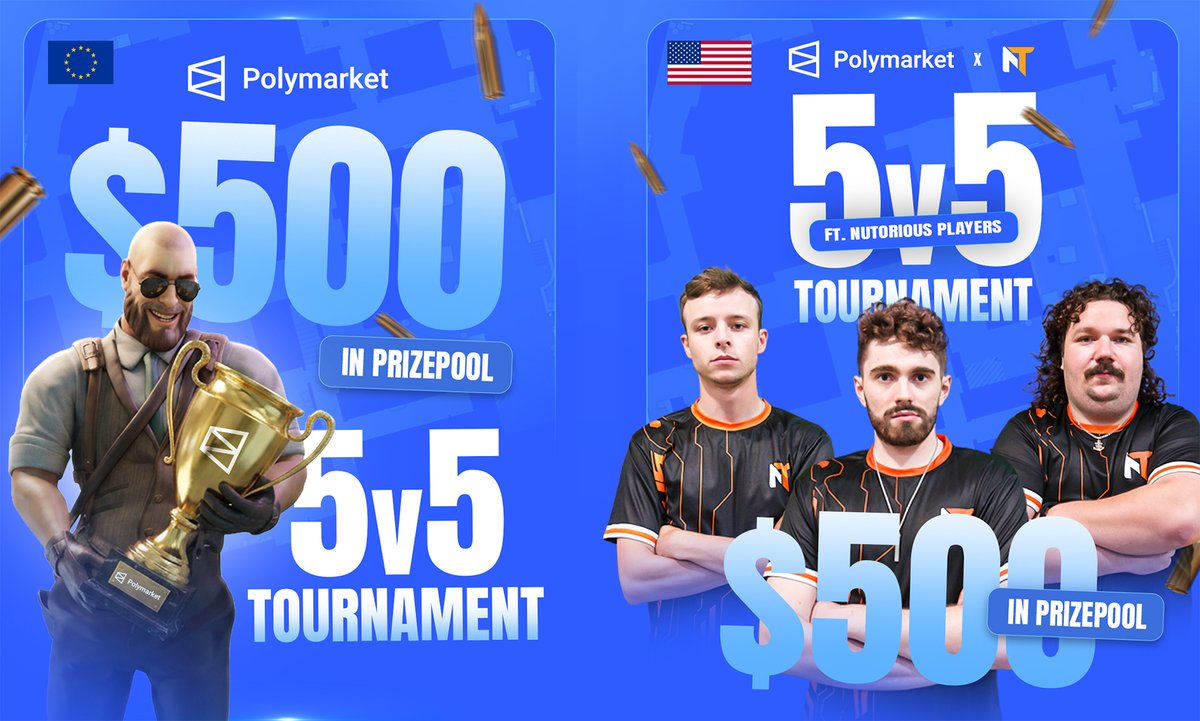 PolymarketCS2's tweet photo. 🚨 Registration is LIVE for our NA and EU 5v5 CS2 tournaments 🚨

$1,000 in total prizes. No entry fee! 

🇪🇺 EU
📅 September 20 at 12:00 CEST
Check-in: 11:00–11:45 CEST

🇺🇸 NA ft. NuTorious Players
📅 September 20 at 2:00 PM EDT
Check-in: 1:00–1:45 PM EDT

Build your five and run the bracket.

Discord link in the replies 👇