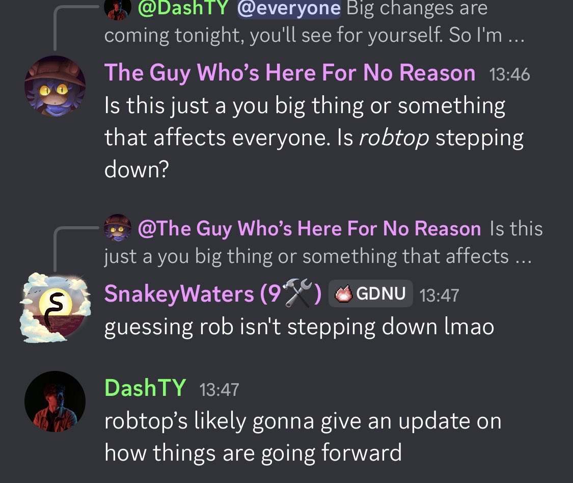livyoshi_'s tweet photo. MAJOR GEOMETRY DASH NEWS:

A moderator (DashTY) has announced in the VIP channel of his request server that something notable is going to happen later today, and many other mods have been saying weird cryptic shit. I know this is EXTREMELY vague but hey I’m excited. https://t.co/NTOfP0sCQ1