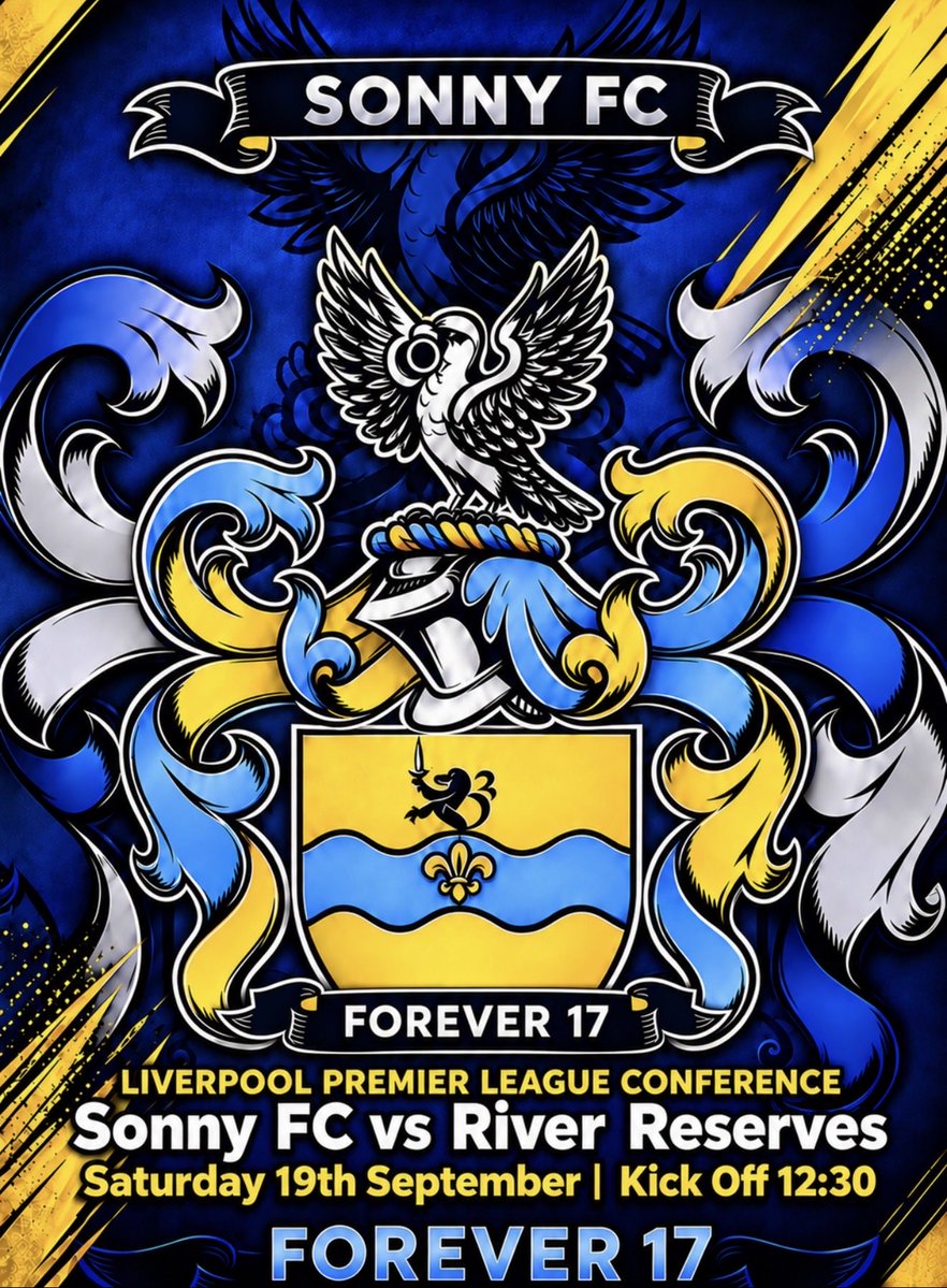 SonnyFC17's tweet photo. Liverpool Premier League Conference Division 
Sonny FC vs River Reserves 
Saturday 19th September Kick off 12:30

🔵🟡 Up the Sonny FC 🔵🟡 https://t.co/x4BqZ4R7OD