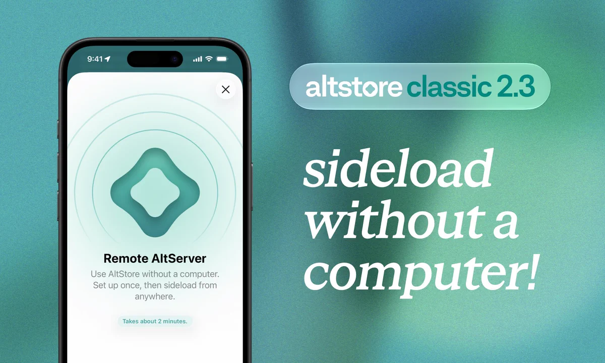 AltStore Classic 2.3 Promo Image featuring a screenshot of the Remote AltServer setup page on the left and text on the right reading: "altstore classic 2.3: sideload without a computer!"