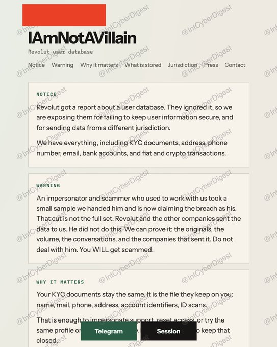 T3chFalcon's tweet photo. The Revolut breach just escalated.

the attackers are now leaking customer data and demanding payment. they've started publishing passports and KYC selfies of named individuals. tennis player Alexander Shevchenko. Gamdom CEO Felix Römer. they say they'll release more every day until Revolut pays.

What's confirmed:

Attackers used a real government agency email domain, reporting points to Italian PEC infrastructure,  to send fraudulent data requests to Revolut. the emails passed DKIM authentication checks. Revolut's compliance team treated them as legitimate. They handed over the data.

what was exposed: full names. dates of birth. occupation. addresses. emails. phone numbers. passport and driving licence copies. KYC selfies. IBANs. account statements. full transaction histories including Bitcoin.

What the attackers are claiming — not independently confirmed:

the group calling itself IAmNotAVillain claims:
— the operation ran for roughly six months

— they used compromised Italian law enforcement systems to send the requests

— they hold 147GB from the Italian side including 
internal documents and officer chat logs

— the majority of Revolut data is from Switzerland and France plus other countries

— high-profile names include a Barcelona player and Georgia footballer Georges Mikautadze

Passports + selfies + transaction histories + IBANs = a complete identity package. enough for account takeover. identity fraud. targeted phishing that references your real transaction history to sound legitimate

if you're a Revolut customer:
— check for a notification email from Revolut. if you got one, assume your data is in the leak.

— be extremely suspicious of any contact claiming to be Revolut, law enforcement, or a bank in the coming weeks. this data will be used for follow-on attacks.

— if your passport was exposed: contact your country's passport authority about flagging it.

— freeze your credit if you're in a jurisdiction that allows it.

W! @IntCyberDigest for the discovery!