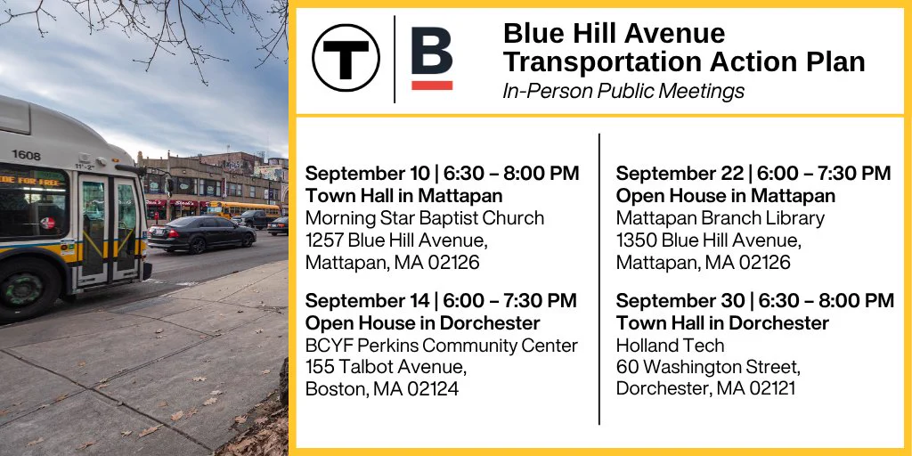 An MBTA bus and cars driving along Blue Hill Avenue in Boston.
