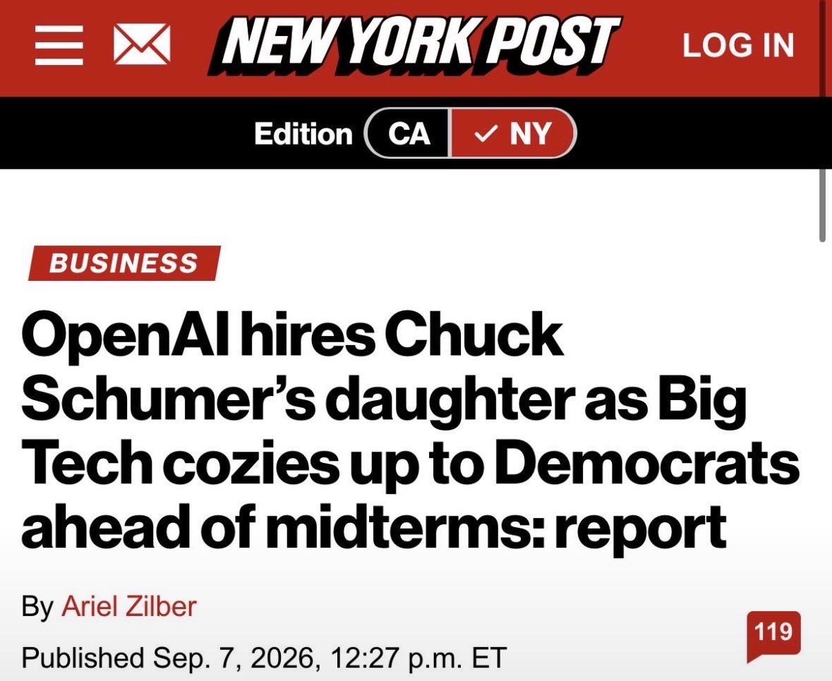 GlockfordFiles's tweet photo. Open AI hires Chuck Schumer’s daughter just as the democrats have begun to try to use AI to scare people into voting for them.

The democrats are all in for AI and the installation of the communist Chinese style surveillance state.

Don’t believe their words, look a their actions. 

The democrats are the party of lies and scams.