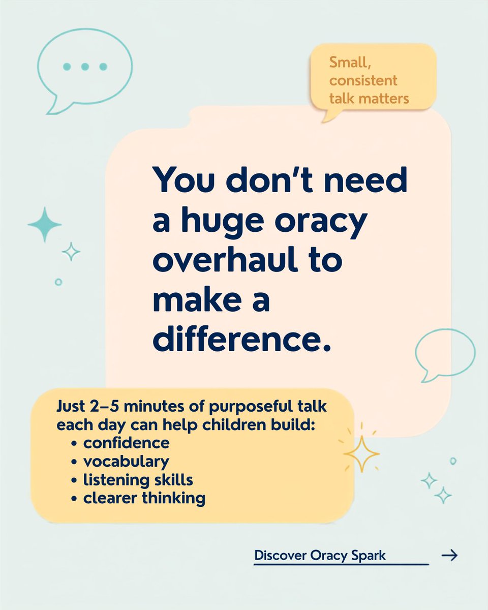 oracyspark's tweet photo. Oracy doesn’t need to start with a huge whole-school overhaul.

A good question.
A sentence starter.
A few minutes of purposeful talk.

Repeated consistently, those small moments can make a real difference.

That’s the thinking behind Oracy Spark. 💬
#Oracy #KS2 #PrimaryTeaching https://t.co/kZhQUDZeKX