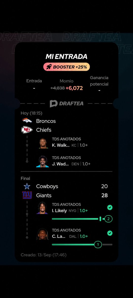 ZaschM's tweet photo. Acá les dejo el parlay de TD de hoy en la NFL, es la continuación de uno que tengo desde ayer. 

Por sí gustan acompañarme. 

Momio Parlay Original : +6072

🔥Momio actual: +430🔥

Walker con rol de RB1 y volumen en KC; Waddle es el arma explosiva de DEN ante una secundaria nueva https://t.co/26iEW1bwIy