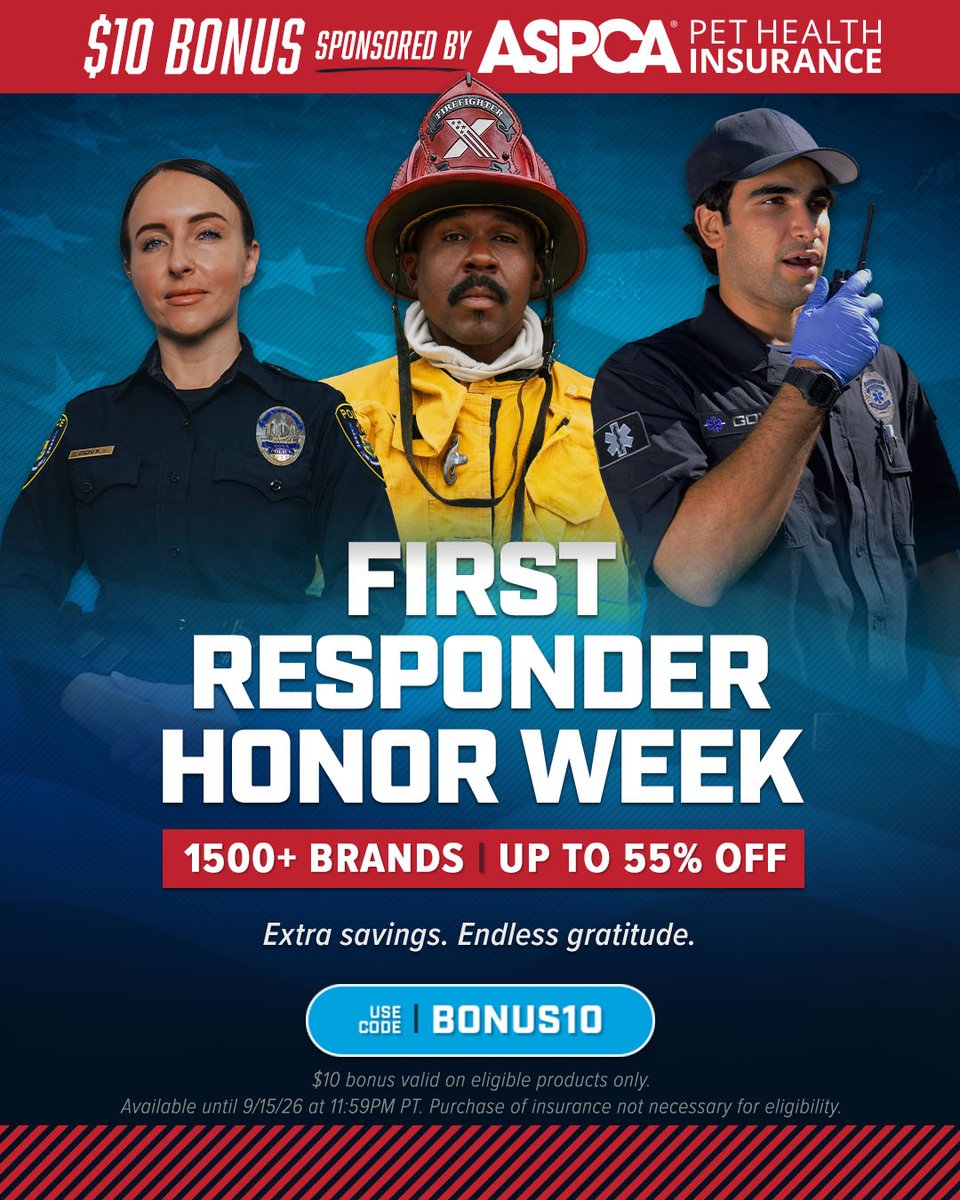 ShopGOVX's tweet photo. 48-hours ONLY. Answer the call and add to your savings on over 1500 brands with a bonus $10 courtesy of @ASPCAPetIns. Get in on First Responder Honor Week now: https://t.co/sj0CANZndy https://t.co/SrI1fyAopq