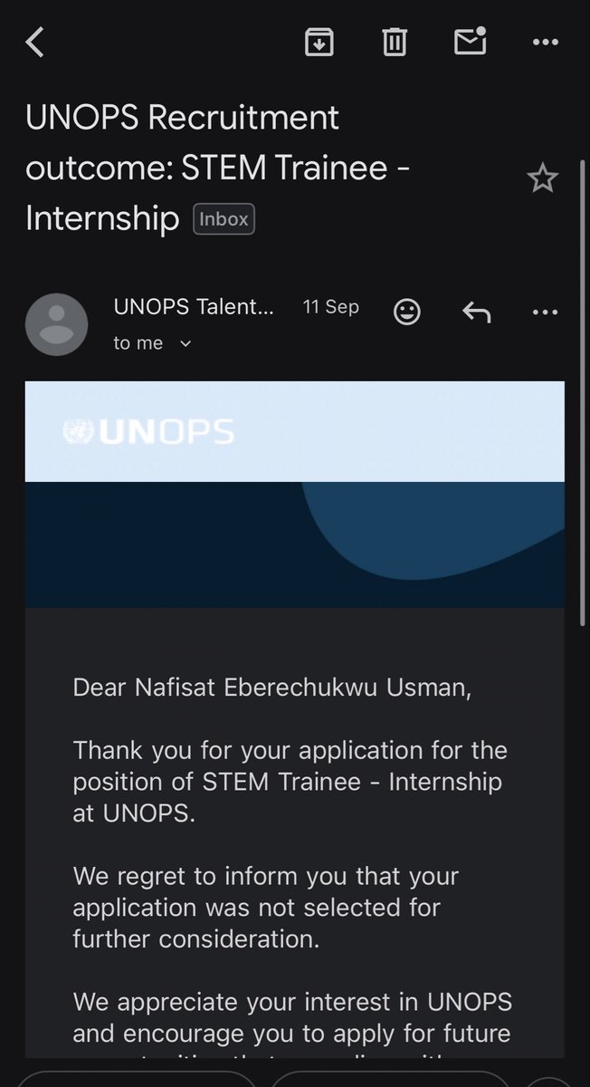 NafisatEbere's tweet photo. Same thing here…the day I got this rejection mail, you needed to see the way I smiled, not because I  was okay with the rejection but at least someone saw and reviewed my application. 
Then I assured myself “with every rejection there must one day be an Acceptance”. https://t.co/EHfUS6jT44
