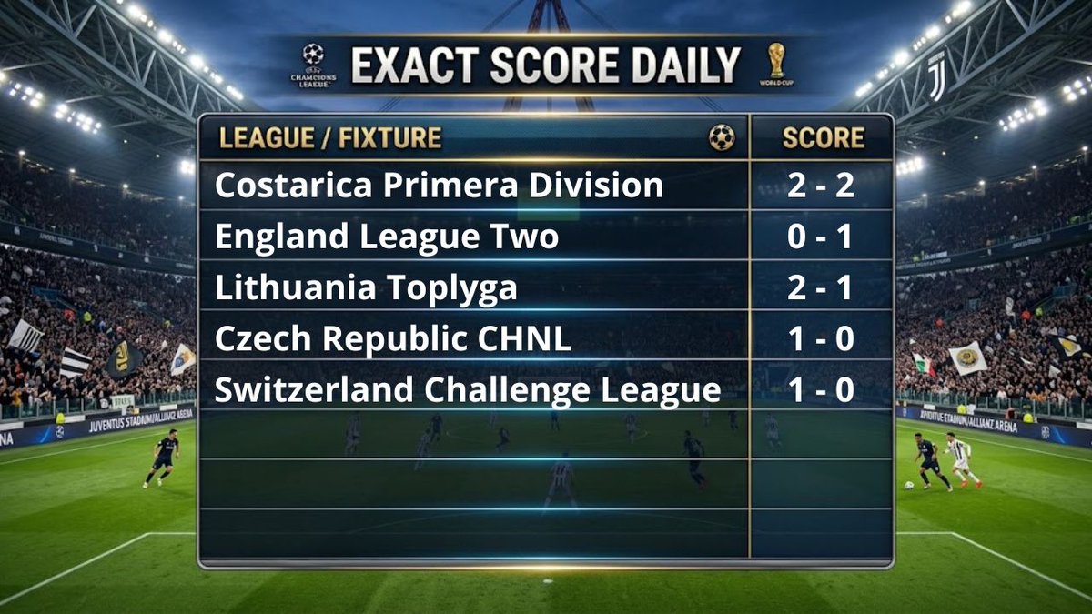 ExactScoreDaily's tweet photo. Overdue results to play 

COSTARICA PRIMERA DIVISION - @UnafutOficial 
ENGLAND LEAGUE TWO - @SkyBetLeagueTwo 
LITHUANIA TOPLYGA 
CZECH REPUBLIC CHNL - @chance_NL 
SWITZERLAND CHALLENGE LEAGUE - @News_SFL https://t.co/9uJV2rUOml