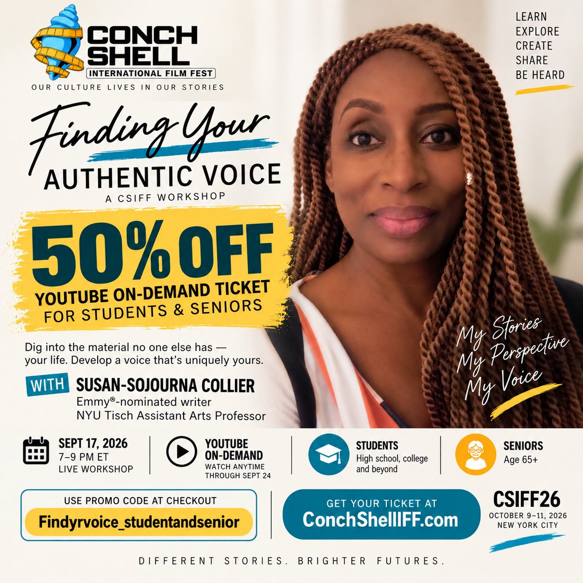 conchshelliff's tweet photo. 🎓 Students + seniors: $30 just became $15! 🎉✍🏾

Get 50% OFF the YouTube On-Demand ticket 
Sept 17
Watch through Sept 24
🔑 Code: Findyrvoice_studentandsenior
Get your ticket: https://t.co/l8iP0EX83r
Your stories are already there. Come find them. 👀✍🏾 https://t.co/sKHP64N5kH