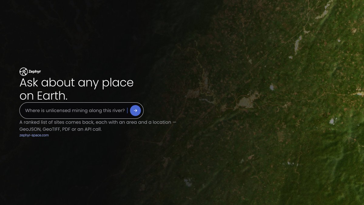 _ZephyrSpace_'s tweet photo. "Where is unlicensed mining along this river?"
That's the whole input. What comes back is 24 discrete sites, each with an area, a centroid and a score.

Not a heat map, a list an inspector can work from. https://t.co/KKxzIuXISB