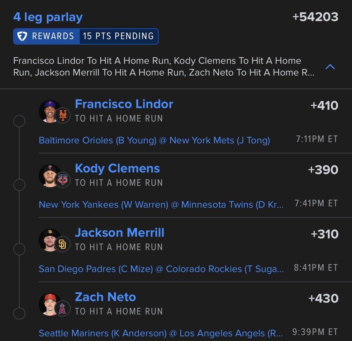 wingedwheel91's tweet photo. 4 leg to end the day ⚾️💣  data using @PropFinderApp @prop_professor !! Home run list will be back tomorrow! Hoping everyone hits their plays 🍀 https://t.co/PyKKdZfCZj