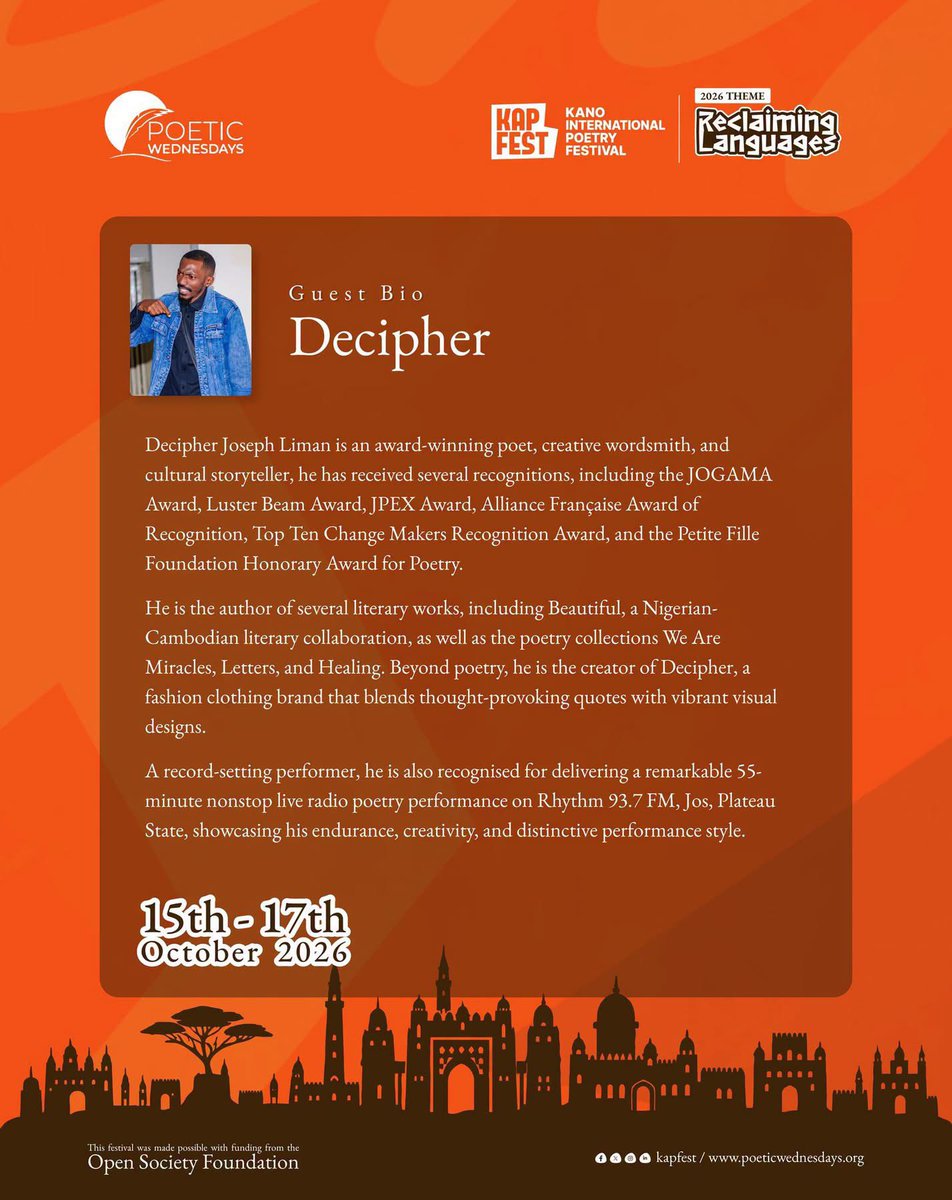 Kanopoetryfest's tweet photo. Ladies and gentlemen, boys and girls, poets and non-poets alike, Decipher is coming to #KAPFEST26!

We promise you a celebration and gathering of poetry like no other. Come, join us this October and be part of history.

Grab your tickets: https://t.co/kB30EElI7m

15–17 October 2026 | Kano