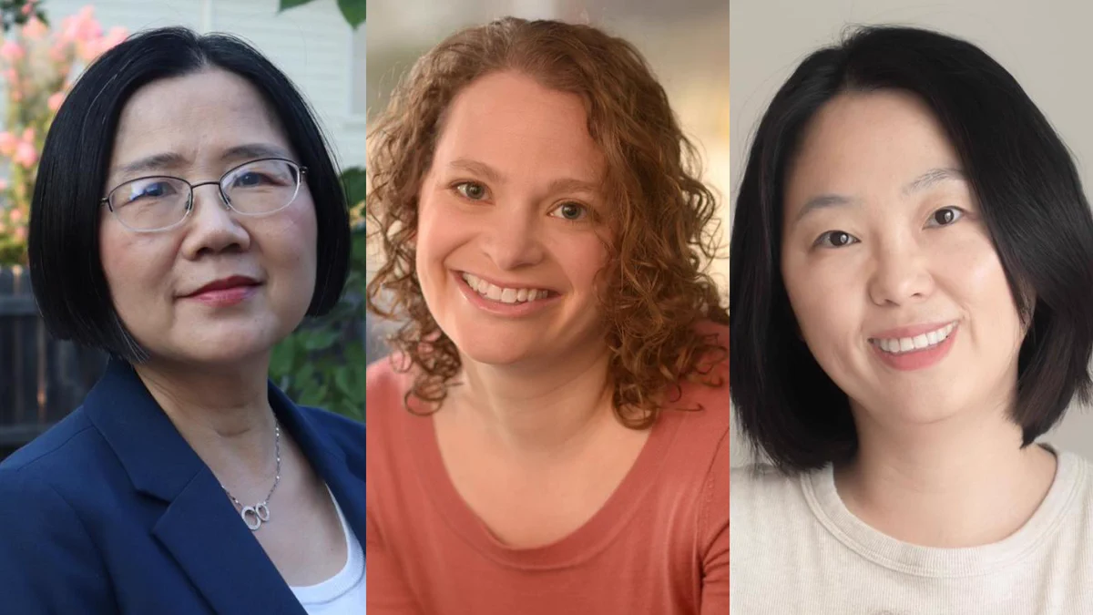 Professor Jiangping Chen; Sara Schwebel, professor and director of the Center for Children's Books (CCB); and Assistant Professor Kahyun Choi.