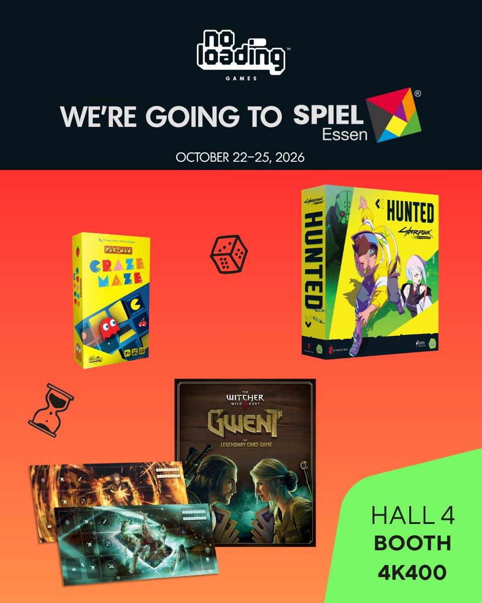 NoLoadingGames_'s tweet photo. No Loading Games is heading to SPIEL Essen🇩🇪
From October 22–25, come visit us at SPIEL.

You’ll be able to find and purchase:
⚔️ GWENT: The Legendary Card Game
🐺 GWENT Playmats
🟡 PAC-MAN: Craze Maze

You’ll also be able to:
🌃 Play a demo of Cyberpunk: Edgerunners – Hunted https://t.co/7Y3HEzgWd0