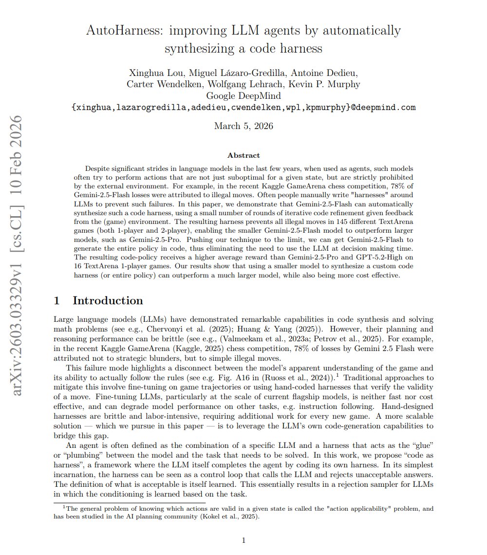 mirku21's tweet photo. This Google DeepMind paper is f*cking legendary

In the Kaggle GameArena competition, 78% of Gemini Flash losses had nothing to do with strategic blunders

The model lost because it repeatedly attempted illegal moves prohibited by the environment

This is the action applicability problem: frontier models excel at high-level reasoning, but left unconstrained, they hallucinate invalid parameters and crash against external runtime rules

Teams usually react with two expensive mistakes:
1. Fine-tune model weights on trajectory logs, which degrades general instruction following and burns tens of thousands of dollars
2. Hand-code rigid programmatic wrappers for every tool and API, creating a fragile maintenance burden

Google DeepMind proved that LLMs can solve this by synthesizing and debugging their own executable code harnesses

Instead of treating the harness as human-written plumbing, AutoHarness turns harness generation into program-space tree search guided by Thompson sampling:

1. Program-space Thompson sampling
The system maintains a search tree of candidate harness programs. Thompson sampling balances exploring distinct control-flow architectures against refining partially working code, using legal action rate as the heuristic guide

2. Closed-loop environment reflection
When a candidate harness executes, a Critic isolates failure points and error traces across parallel rollout sandboxes. The Refiner injects these runtime stack traces back into the model to patch validation logic in a targeted feedback loop

3. Decoupled action verification
The synthesized code wraps the LLM in a local rejection sampler. The model proposes strategic intent, while pure Python logic deterministically validates preconditions before any action reaches external runtime APIs

4. Compilation into zero-cost code policies
Pushing the technique to its limit, the model synthesizes the entire decision policy into pure executable Python. Decision-making shifts entirely to local deterministic code, eliminating runtime LLM inference calls and cutting token costs to zero

The Production Telemetry:
Evaluated across 145 diverse environments on the TextArena benchmark:
• Synthesized harnesses achieved a 100% legal action rate across all 145 environments in an average of only 14.5 iterations
• Enabled a lightweight Gemini Flash agent to beat Gemini Pro in head-to-head matches with a 56.3% win rate
• The compiled zero-token code policy scored a 0.870 average reward, outperforming GPT-5.2-High (0.844) and Gemini Pro (0.707)
• Eliminated hundreds of dollars in test-time inference spend, running complex logic locally with zero API latency

Model capability is a commodity; the programmatic harness around the model determines production success
Automating harness synthesis turns fragile prompt generators into self-contained, deterministic software systems

Read the complete breakdown in the article below ↓

Bookmark this for your agent architecture notes