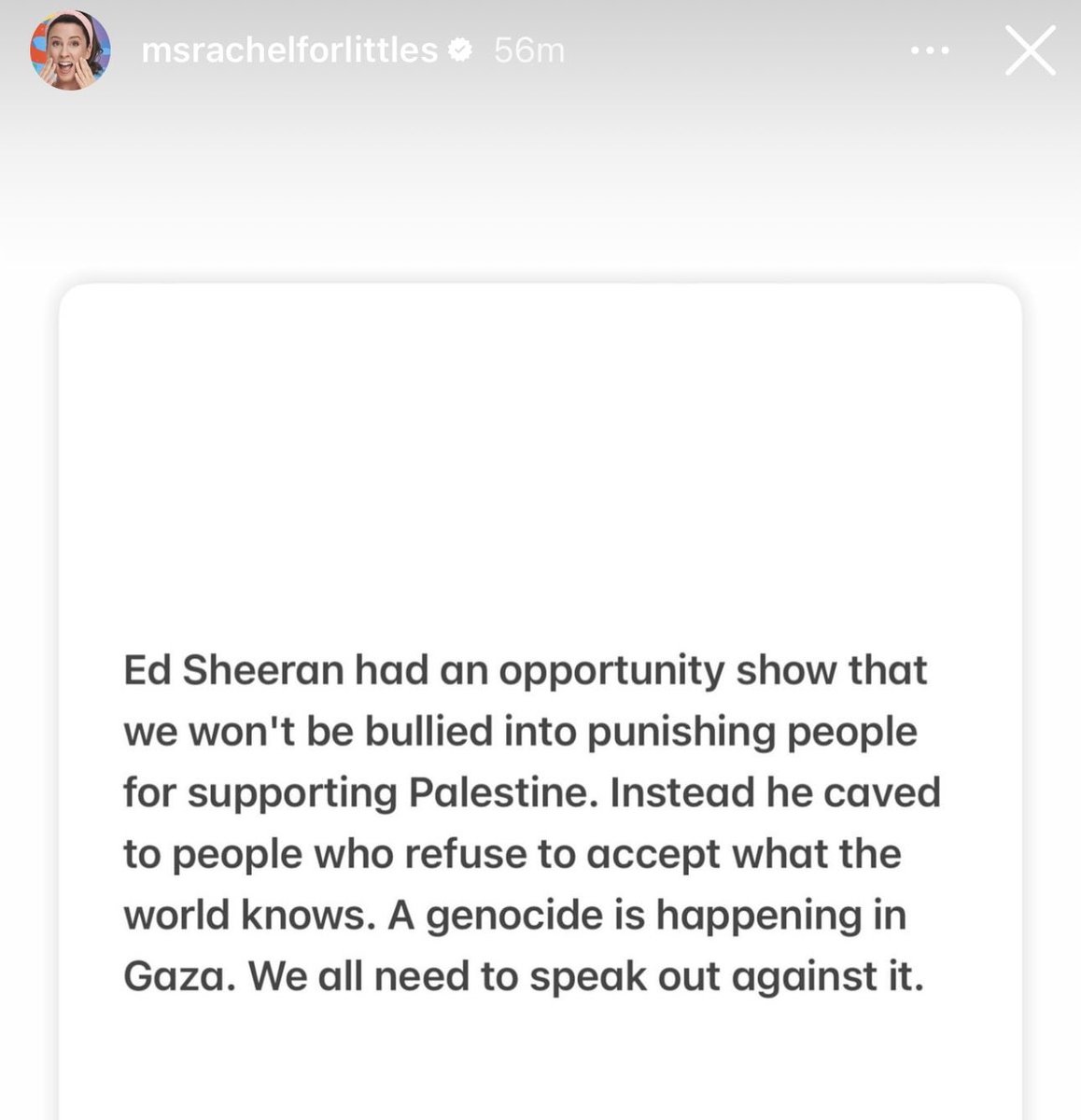 AssalRad's tweet photo. Ms Rachel on Ed Sheeran: 

“He caved to people who refuse to accept what the world knows. A genocide is happening in Gaza.” https://t.co/rwuJwyoLrj