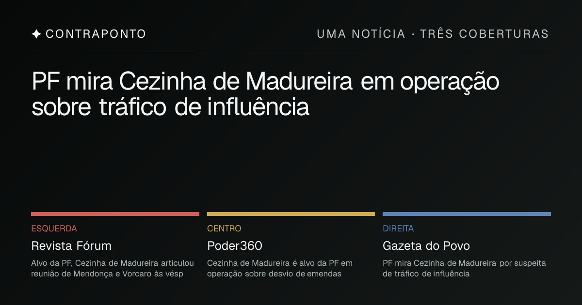 contrapontohoje's tweet photo. Operação da PF contra Cezinha de Madureira: @revistaforum liga o caso à aproximação com Vorcaro; @Poder360 foca os mandados e crimes investigados; @gazetadopovo destaca a suspeita de influência em tribunais. https://t.co/CgANuf2Z81
