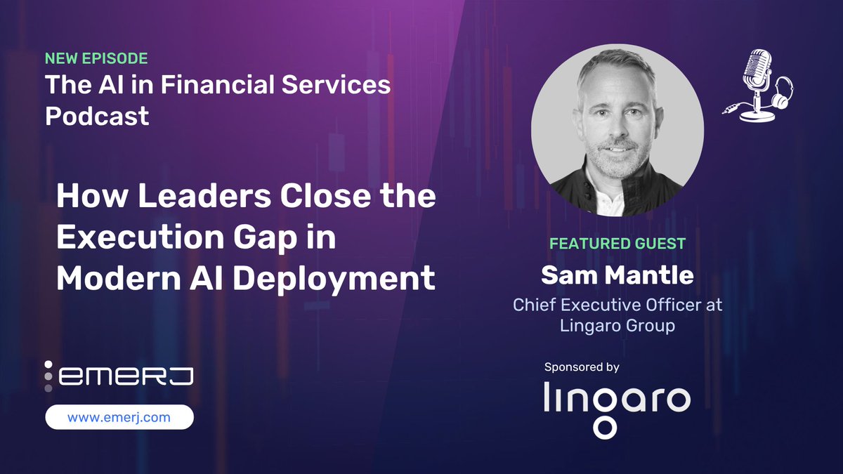 Emerj's tweet photo. Why do 95% of AI pilots stall before impact? @Emerj sits down with Sam Mantle, CEO at Lingaro, on the #AIinFinancialServices podcast. Sponsored by @Lingaro https://t.co/v6jr4NByRa https://t.co/JlQvPiTgZQ