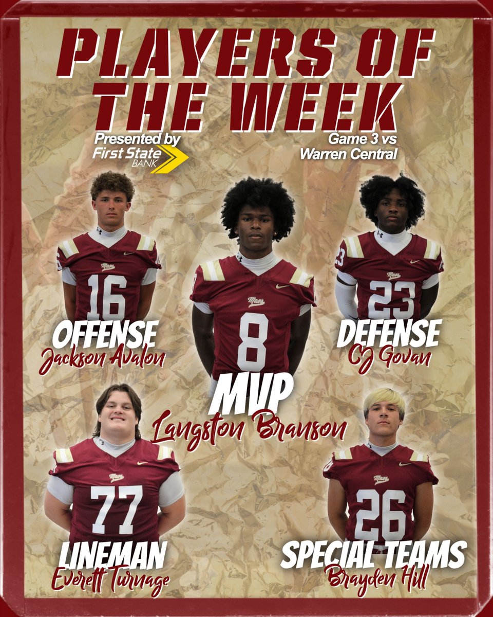 GoMavsFB's tweet photo. 🐴🏈 Players of the Game vs Oak Grove
Presented by First State Bank

⭐️MVP
Langston Branson

⭐️Offensive Player of the Game
Jackson Avalon

⭐️Defensive Player of the Game
CJ Govan

⭐️Lineman of the Game
Brayden Hill

⭐️Special Teams Player of the Game
Everett Turnage

#gomavs https://t.co/gG9ALvNTU3