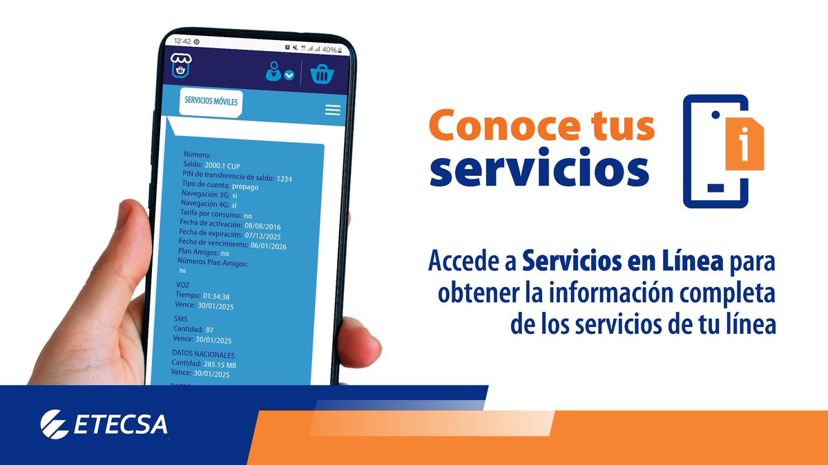 EtecsaServicios's tweet photo. 📲Accede a https://t.co/Pyi4BFZck9 y consulta toda la información de tu servicio móvil en un solo lugar. 👉Todo fácil, rápido y seguro. #ServiciosEnLínea #EtecsaConCuba https://t.co/jRhCAt5IV4