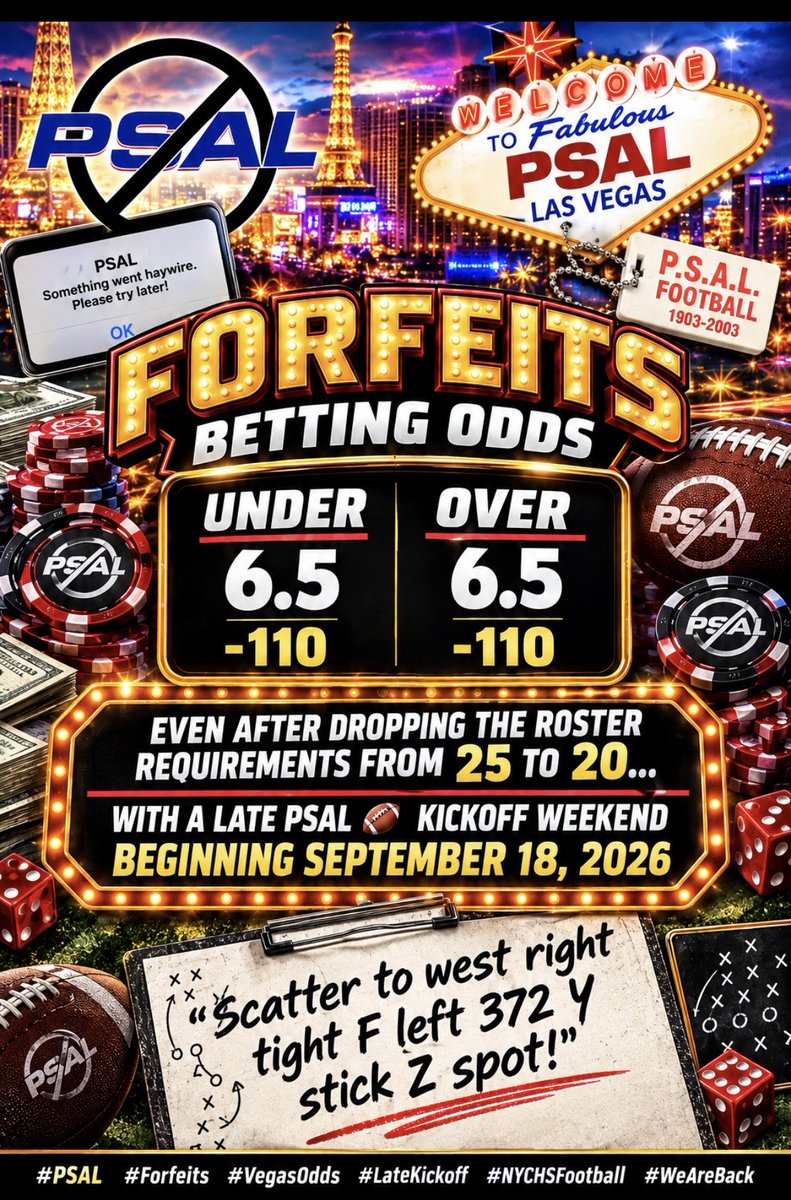 OnSidelines's tweet photo. Are You Ready for Some Week 1️⃣ #PSAL FORFEITS?
Today’s the Supposed Deadline to Post Your Minimum 20 Man Roster for Week 1️⃣ of the 2️⃣0️⃣2️⃣6️⃣ 🏈 Semester.
The Vegas Line Has the Number at 6️⃣.5️⃣❗️ https://t.co/jAR7TJ3boN