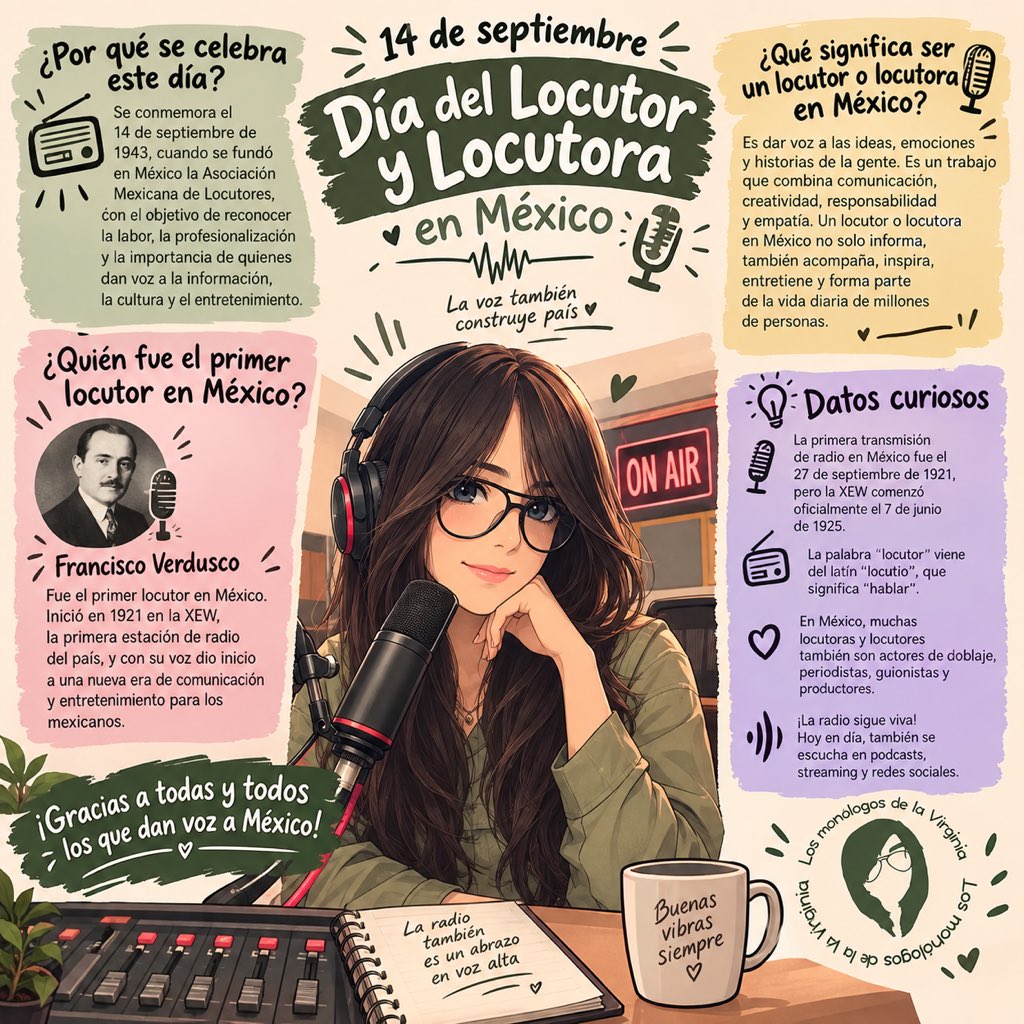 MonologosVicky's tweet photo. 14 de septiembre día del locutor y locutora en México  🎉🙌🏻

#diadellocutorenmexico #radio #voz #LosmonólogosdelaVirginia #vickybetancourtlocutora https://t.co/Ewr7fIxL3B