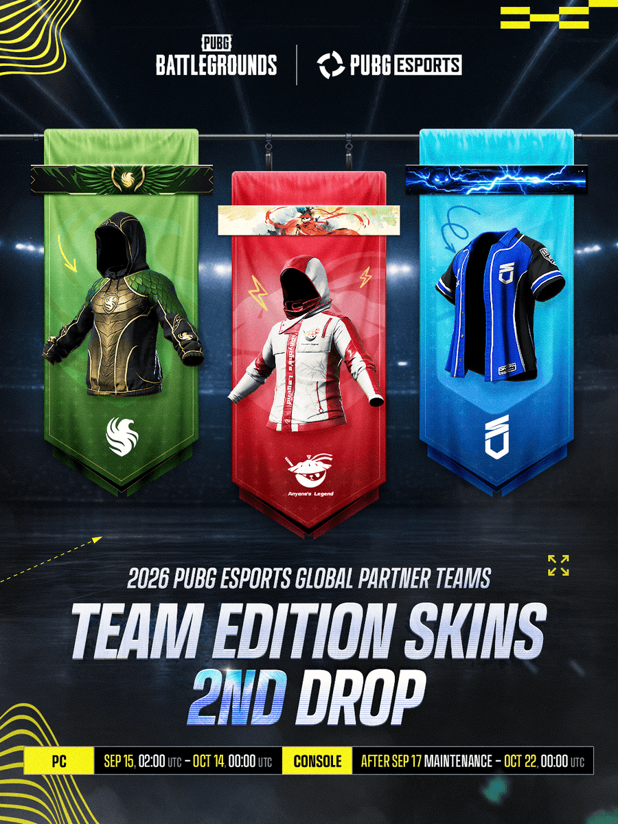 PUBGEsports's tweet photo. New Team Edition Skins designed in collaboration with PUBG Esports Global Partner Teams are now available in game 🏆

Who cooked the most? 😍
@4AM_esports @natusvincere @TwisMinds @FalconsEsport @AnyonesLegend @SOOPers_PUBG https://t.co/OoBe5y9bSK