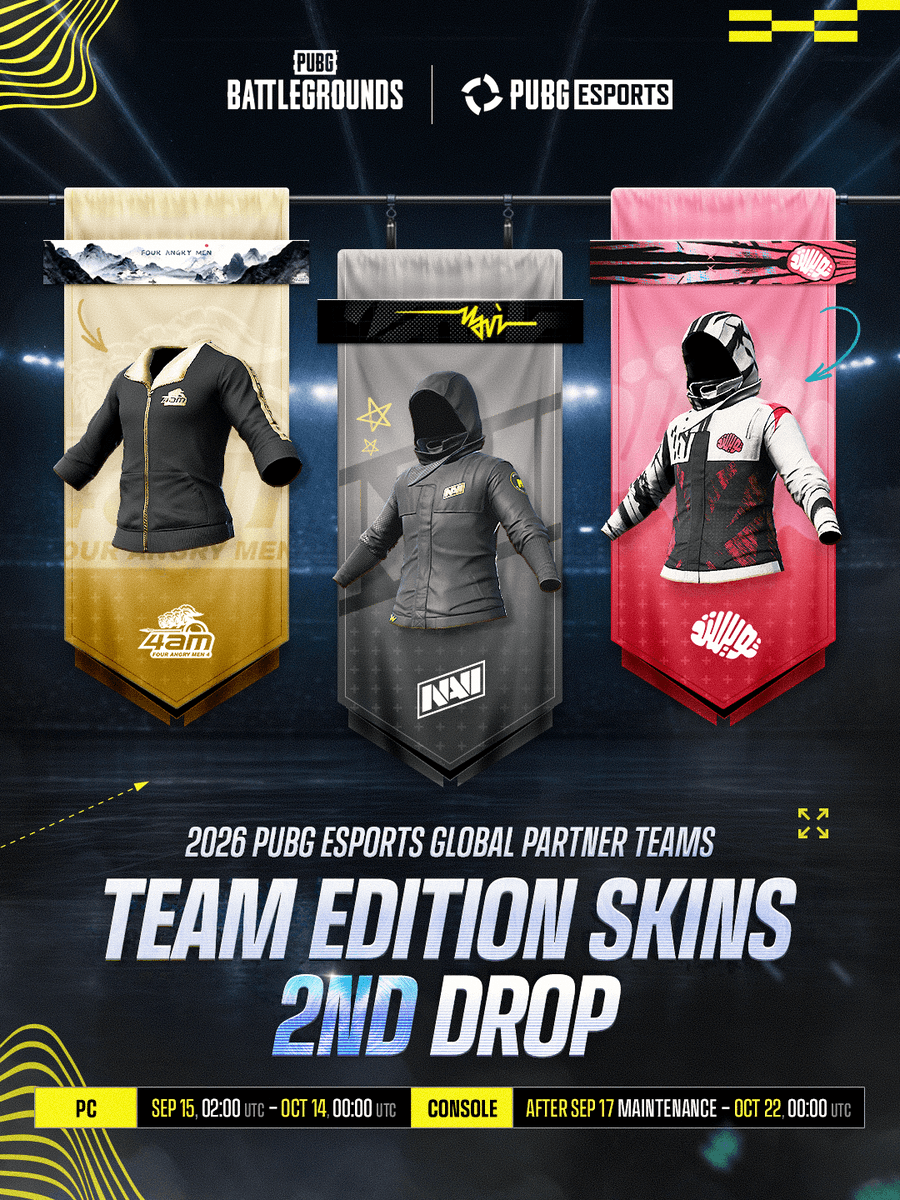 PUBGEsports's tweet photo. New Team Edition Skins designed in collaboration with PUBG Esports Global Partner Teams are now available in game 🏆

Who cooked the most? 😍
@4AM_esports @natusvincere @TwisMinds @FalconsEsport @AnyonesLegend @SOOPers_PUBG https://t.co/OoBe5y9bSK