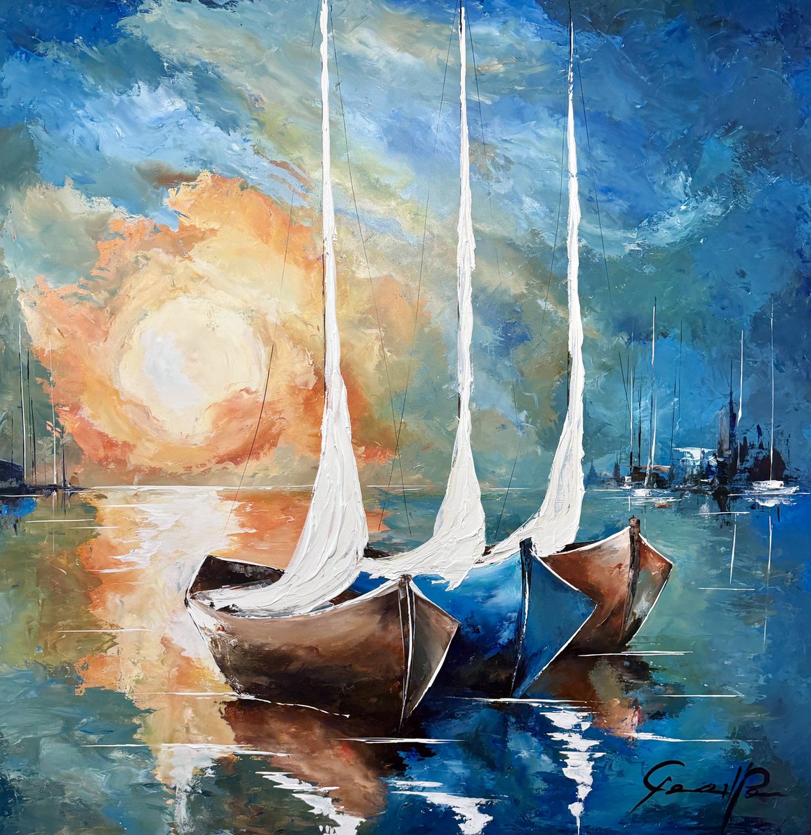 Gerhson1's tweet photo. A work that conveys serenity and hope. The strength of the blues embraces the warmth of the sunset, while the sailboats seem to rest upon a sea of reflections. A scene where light, color, and tranquility speak the unmistakable language of Gerhpe. https://t.co/QgnIpcOX7F https://t.co/Hjlkqein5o