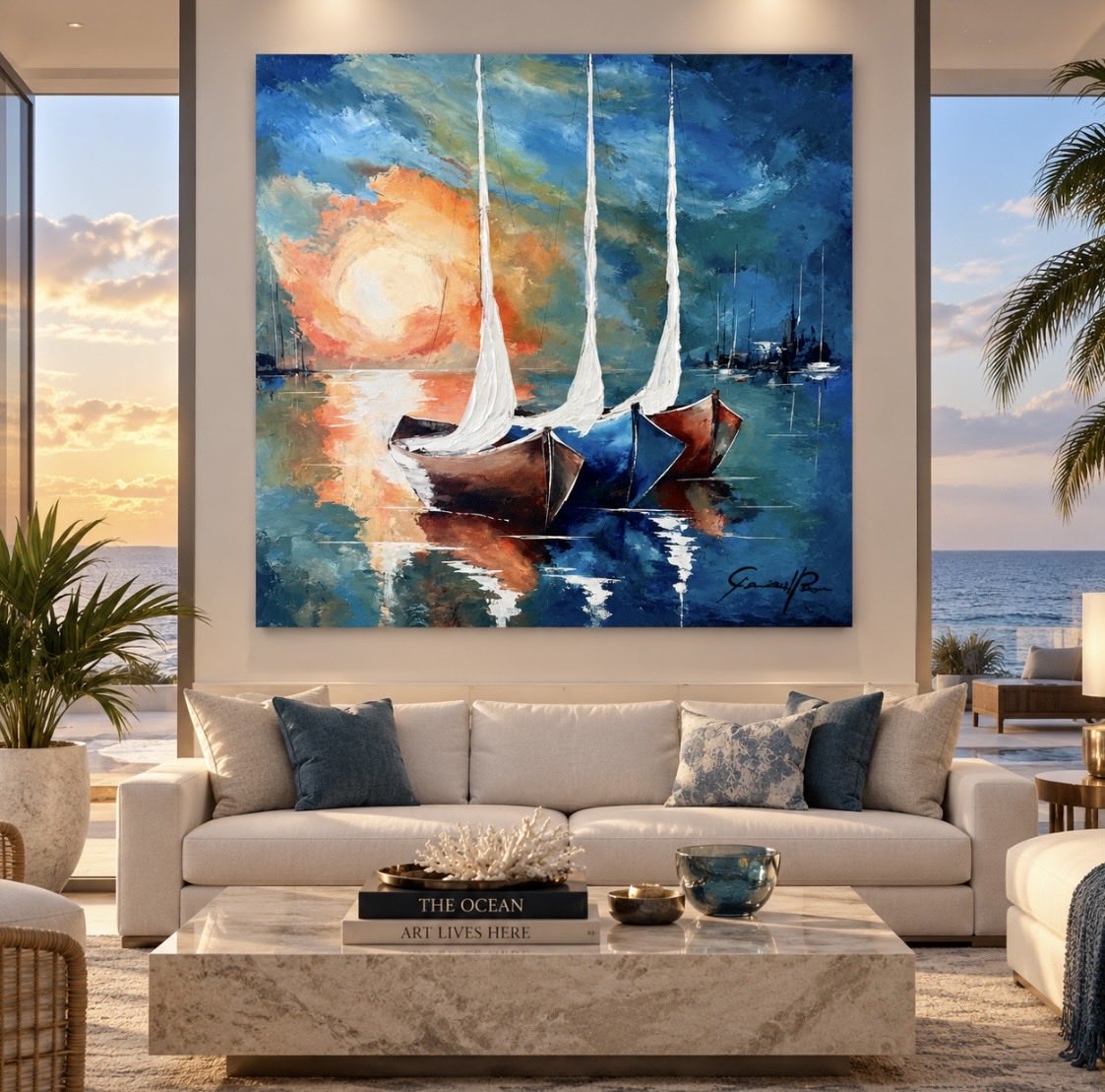 Gerhson1's tweet photo. A work that conveys serenity and hope. The strength of the blues embraces the warmth of the sunset, while the sailboats seem to rest upon a sea of reflections. A scene where light, color, and tranquility speak the unmistakable language of Gerhpe. https://t.co/QgnIpcOX7F https://t.co/Hjlkqein5o