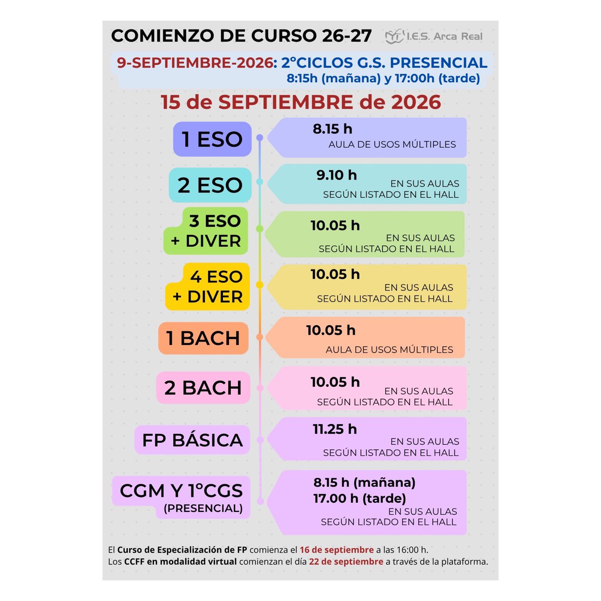 IesArca's tweet photo. 🔛 Información para la jornada inicial martes 15 septiembre.
Lee explicación en la última foto📸. https://t.co/65TDfZXt0v