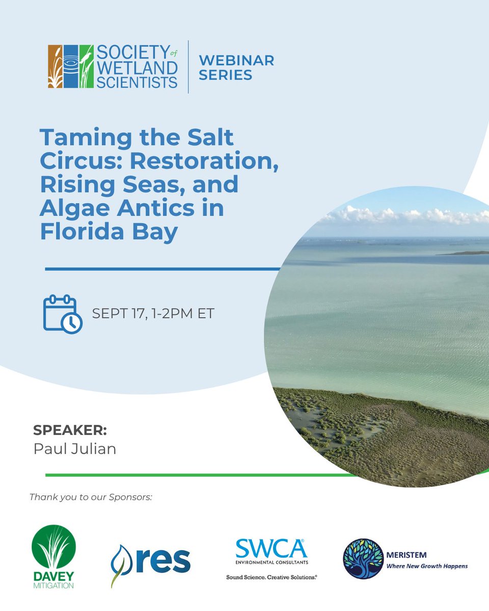 SWS_org's tweet photo. 🌊 Join SWS on Sept. 17 at 1 PM ET for Taming the Salt Circus: Restoration, Rising Seas, and Algae Antics in Florida Bay, featuring Paul Julian.

Explore how restoration, climate variability &amp; rising seas are shaping Florida Bay.

Register: https://t.co/xvH1mwioDW https://t.co/NHAAeXr1n0
