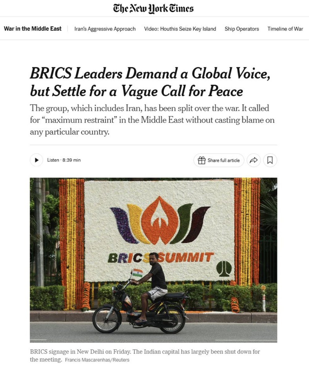 PiyushNeekhra's tweet photo. NYT, Reuters, Al Jazeera, DW, France24 - almost the same image.

Not the summit hall. Not the handshakes. But a man on a bicycle riding past the banner.

Out of hundreds of shots that day, this is the one they chose — because it matches what the world expects India to look like. https://t.co/oVjR7JLYxA