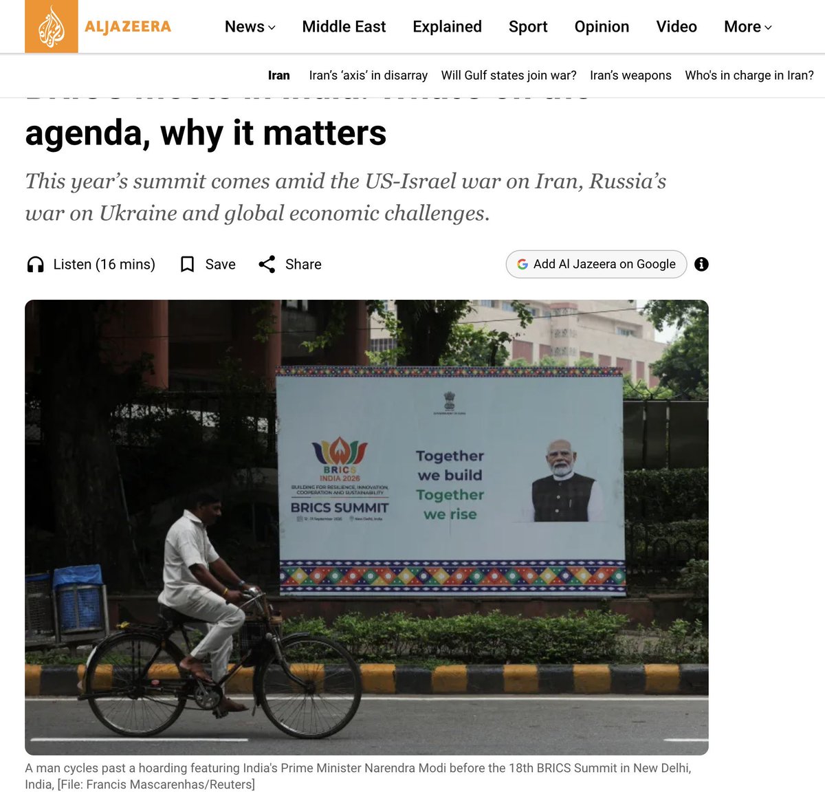 PiyushNeekhra's tweet photo. NYT, Reuters, Al Jazeera, DW, France24 - almost the same image.

Not the summit hall. Not the handshakes. But a man on a bicycle riding past the banner.

Out of hundreds of shots that day, this is the one they chose — because it matches what the world expects India to look like. https://t.co/oVjR7JLYxA